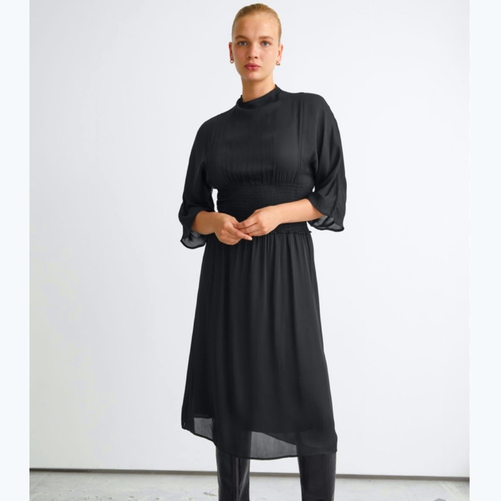 & Other Stories Black Tiered Smocked MIDI Dress Lace Trim Bohemian Sz 6